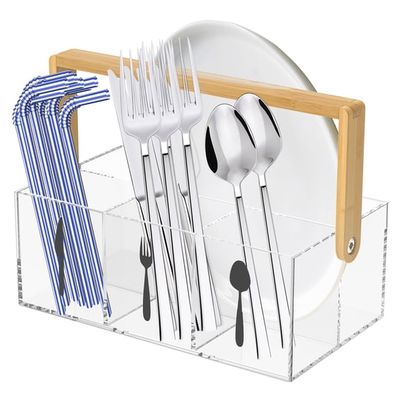 Threns Acrylic Silverware Caddy Organizer Generous Capacity Open Top Clear Utensil Organizer Caddy With Handle for Kitchen Bathroom Office