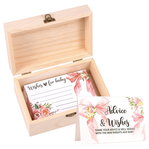Threns Advice and Wishes for Baby Shower, 50Pcs Pink Bow Shower Advice Cards with Wooden Box for New Parents, Double Sided