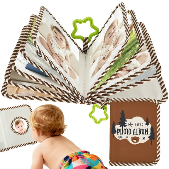 Threns Baby Photo Album with Soft Cloth Cover and Baby Safe Mirror My First Family Album Holds 17 Pcs 16.5x11.2cm Pictures for Newborn Toddler