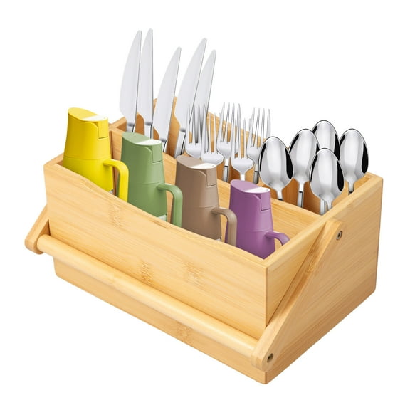 Threns Bamboo Silverware Caddy with Handle 4 Compartments Utensil Holder Farmhouse Cutlery Holder Organizer for Kitchen Bathroom Bedroom
