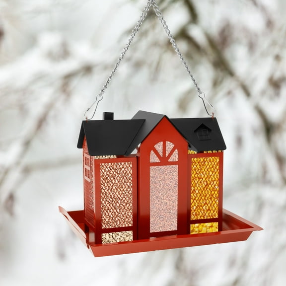 Threns Bird Feeders Solid Hanging Metal Wild Bird Feeder Versatile Metal Wild Bird Feeder Large Capacity Bird Feeder Birdhouses Red Feeder for Outdoors