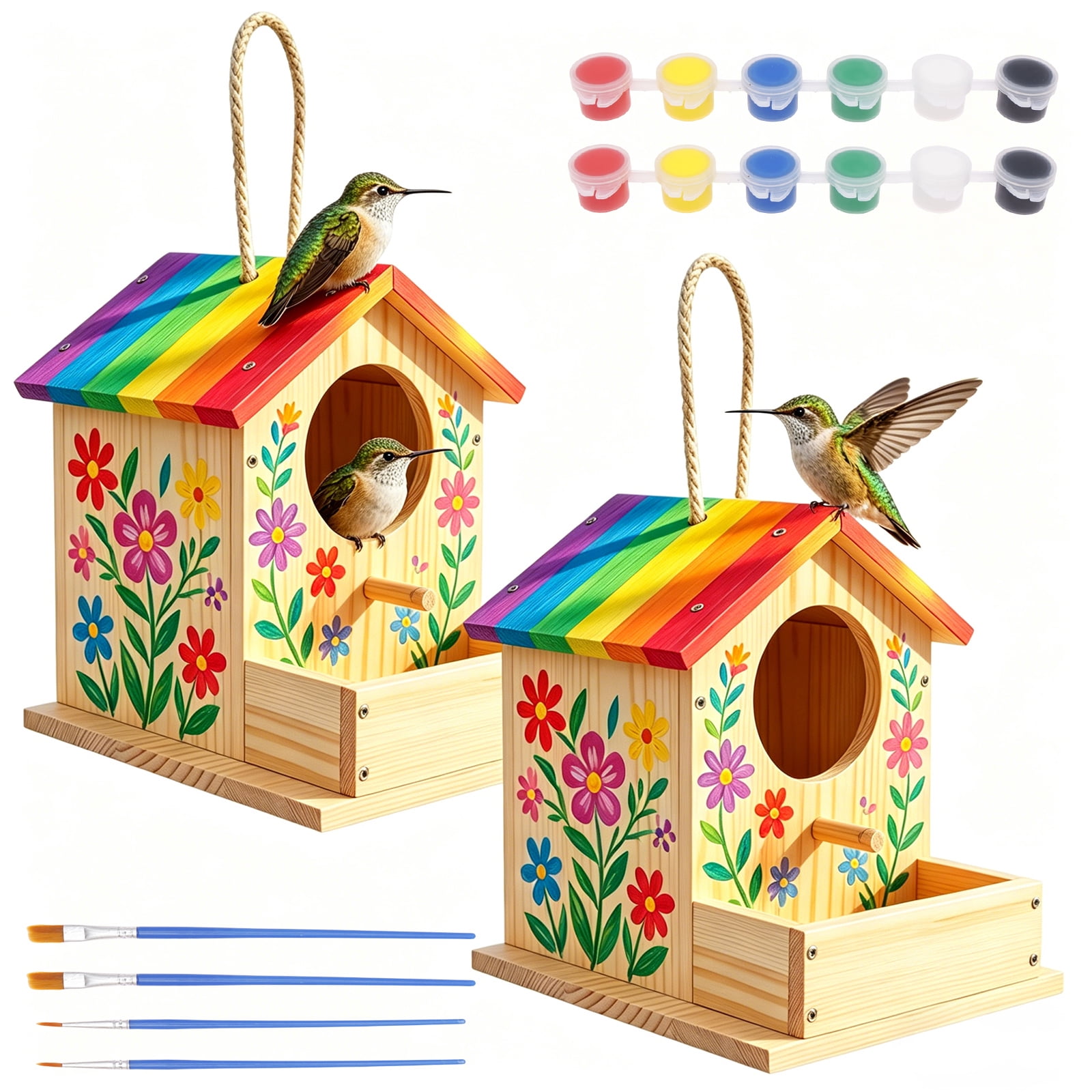 Threns Bird House Kit, 2 Pack DIY Wooden Birdhouse Kits, Arts and Crafts Painting Kit, Buildable DIY Birdhouse Kit for Kids, Summer Arts and Craft Projects with Paint and Brush