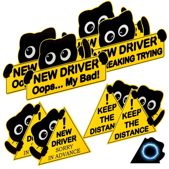 Threns Black Cat New Car Driving Magnets, 8Pcs Funny New Driver Magnet for Car New Driver Caution, Reflective Safety Warning Signs for Student Driver