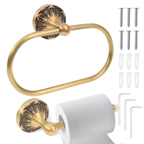 Threns Brass Toilet Paper Holder,Retro Brass Hand Towel Ring,Tissue Roll Paper Hanger,Wall Mounted Bathroom Accessories,Brass Petal-Relief Series