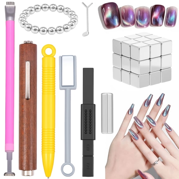 Threns Cat Eye Magnet Set,54PCS Cateye Gel Nail Polish Magnet Nail Art Tools Set,Square Round Magnet Stick Diverse Glassy Cateye Effect for Women