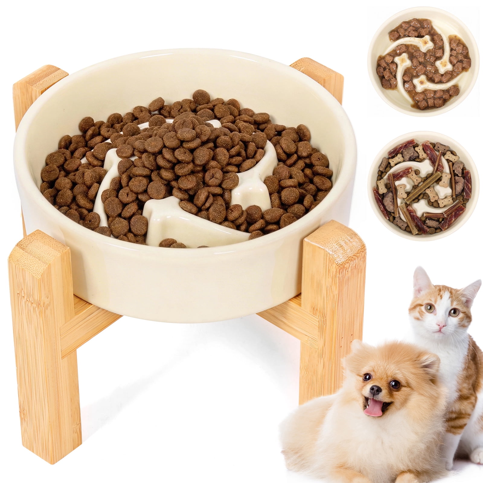 Threns Ceramic Slow Feeder Bowl, Slow Feeding Food Dish with Bamboo Stand for Dogs Cats, Anti-Gulping, Stop Bloat, Preventing Choking