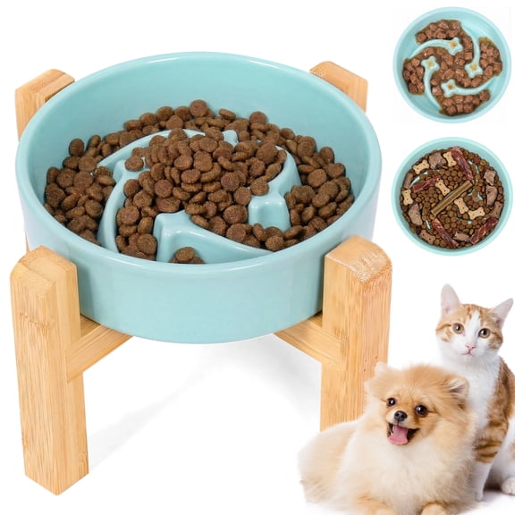 Threns Ceramic Slow Feeder Bowl, Slow Feeding Food Dish with Bamboo Stand for Dogs Cats, Anti-Gulping, Stop Bloat, Preventing Choking