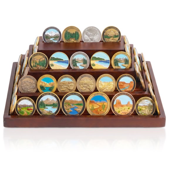 Threns Challenge Coin Display Holder, 4 Tier Coin Stand Holds 60 Coins, Solid Wood Military Coin Rack with Non-Slip Base, Challenge Coin Display Case for Collectors