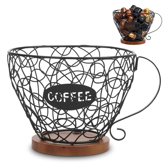 Threns Coffee Pod Holder Organizer for Counter with Handle Large Capacity Black/Gold Wire Coffee Capsule Basket for Kitchen Office or Desktop