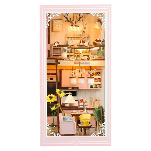 Threns DIY Book Nook Kit,3D Wooden Puzzle Bookshelf with LED Light,DIY Miniature Dollhouse Kit,Gifts for Teens Adults,Pink Apartment