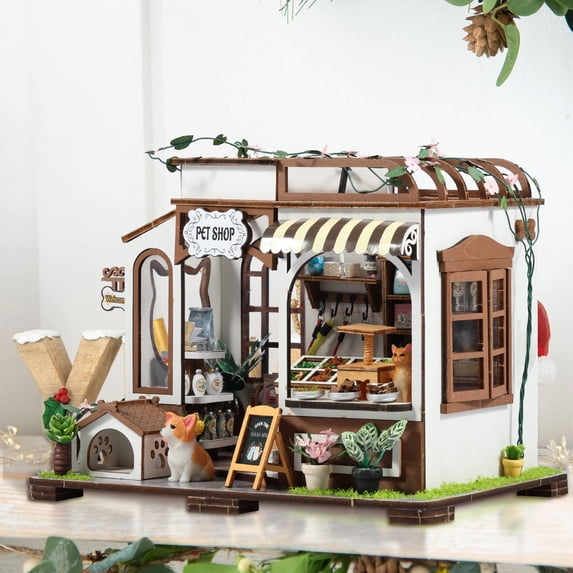 Threns DIY Miniature Dollhouse Kit Wooden Miniature House Kit with Sensor Light Miniature Pet Shop Model Building Kits for Teen Adults