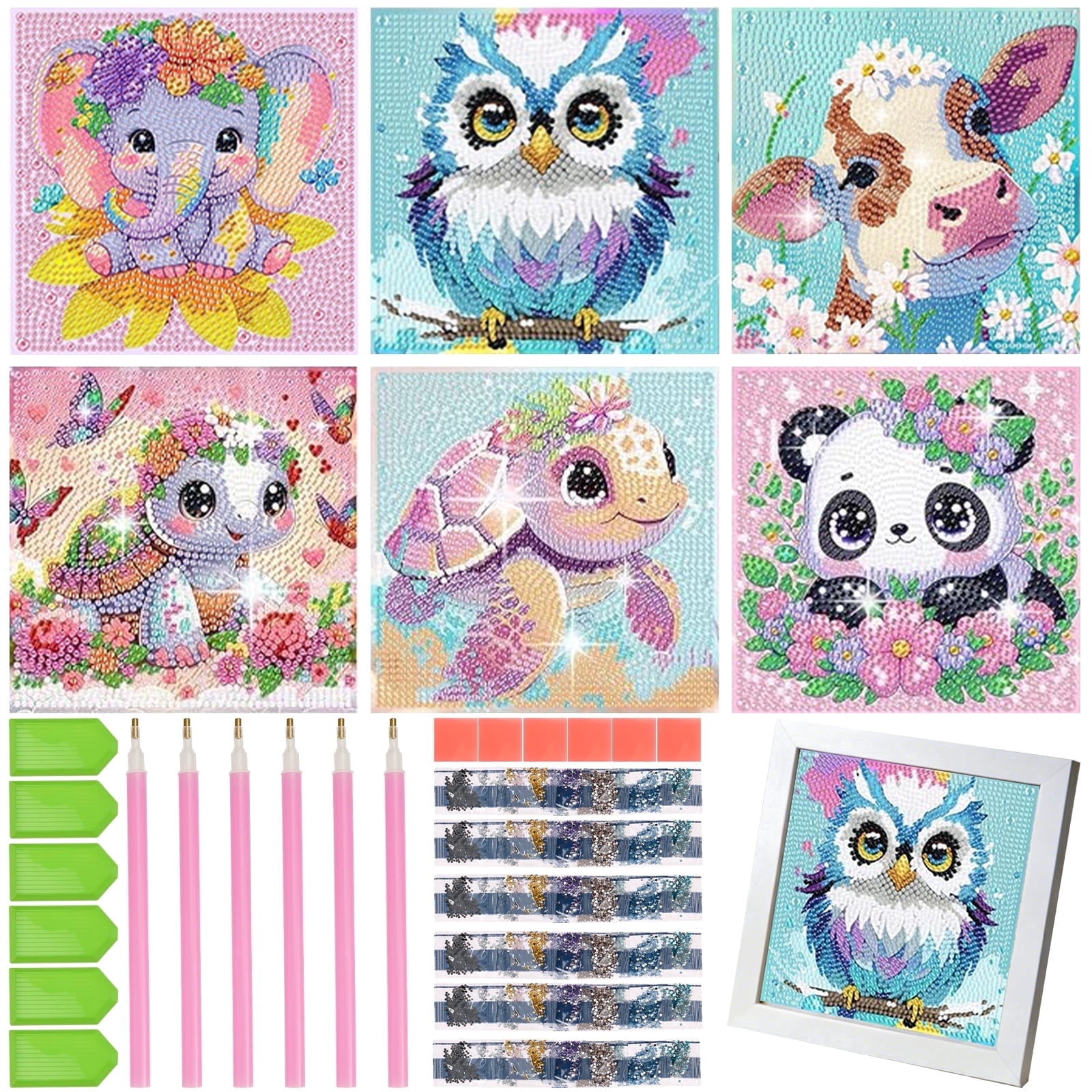 Keyohome Diamond Art Kits for Kids,Diamond Painting Kits for Beginners,6 Pack Cartoon Animals Diamond Dot Art for Adults,Full Drill Big Gem Art for Home Decoration,6.7" x 6.7"