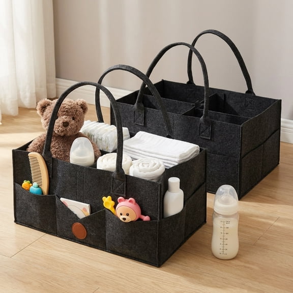 Keyohome Diaper Caddy Organizer,Nursery Storage Bin,Car Organizer for Diapers and Baby Wipes,Felt Diaper Organizer Suitable for Indoor Outdoor,with Handle,2 Pack,Dark Gray