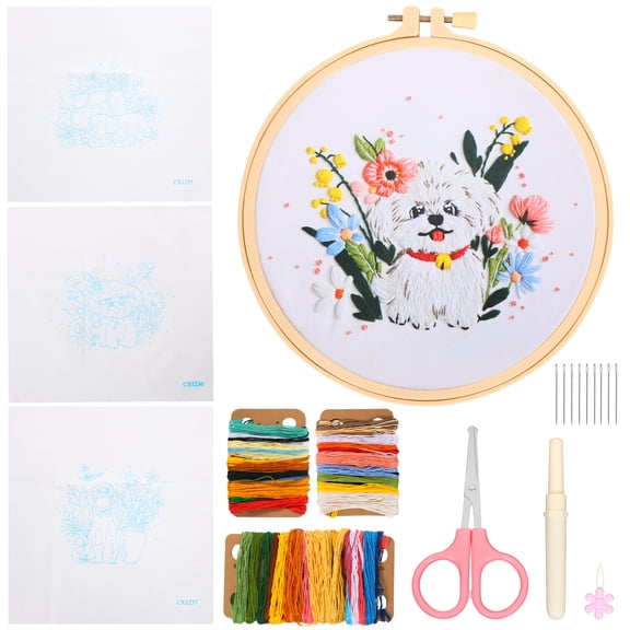 Threns Embroidery Kit for Beginners,3 Pack Embroidery Starter Kit with Floss and Needles,Pre-Stamped Patterns,7.8 inch Hoop,Step-by-Step Guide,DIY Needlework Gift for Craft Lovers