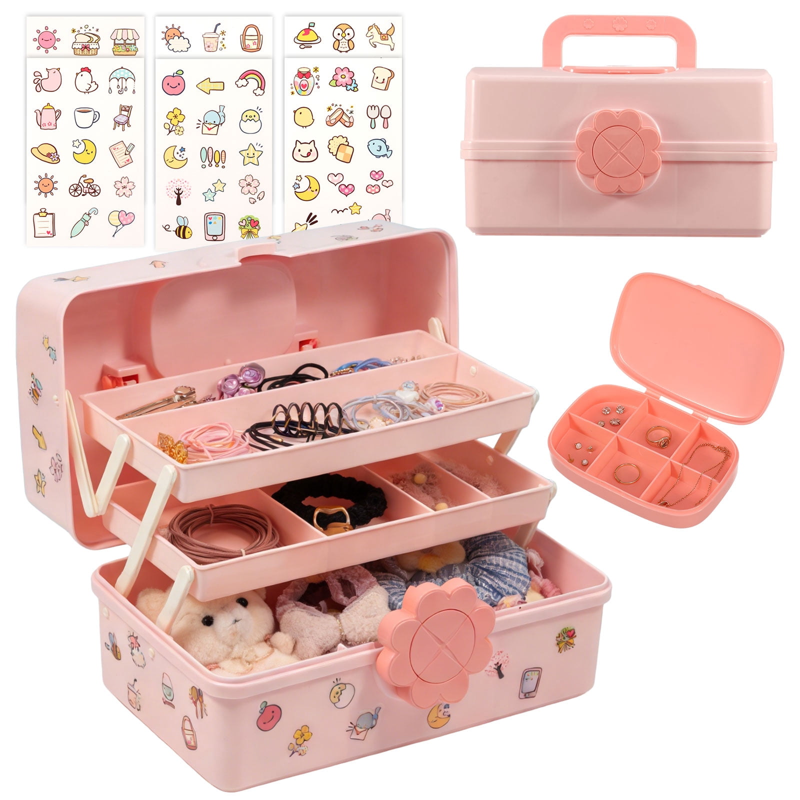 Threns Hair Accessories Organizer for Girls,3-Layers Pink Craft Storage Container with Handle,Lockable Storage Box for Hair Clip,Headband,Scrunchie,Cosmetic,Sewing Kit