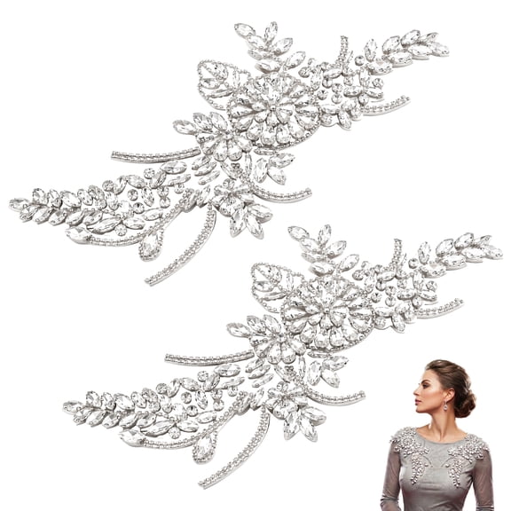 Threns Handmade Shining Rhinestones Applique Patches Sewing Beads Sequins Stone Trim Accessories for Wedding Dress Evening Dresses Bridal Gowns, 1 Pair, 10.6 X 4.2 inches (Silver)