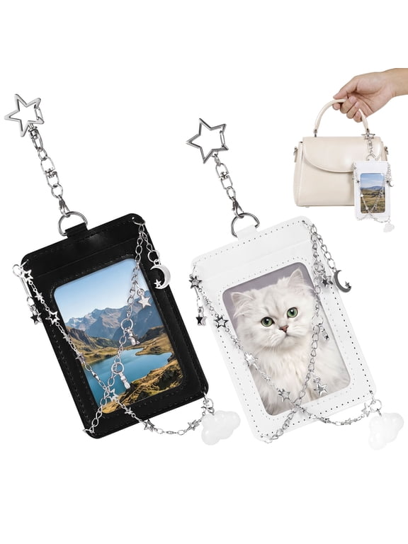 Kpop Photocard Holder Keychain with Metal Chain, 2Pcs PU Leather Card Case with Star Clip Keychain, Decorative Charms for Idol Card Photo Protector