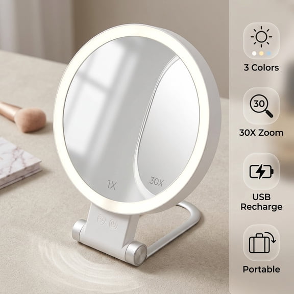 Keyohome Lighted Makeup Mirror,30X Magnifying Mirror with Light,Portable Travel Makeup Mirror with Lights,Vanity Mirror for Women,Adjustable Brightness