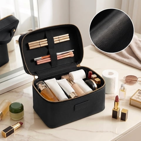Lzvxtym Makeup Bag,Portable Cosmetic Bag,Large Capacity Travel Makeup Case Organizer,PU Toiletry Bag for Girls Traveling with Handle and Divider,Black
