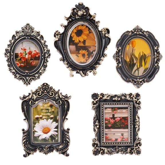 Threns Mini Black Magnetic Picture Frames for Refrigerator, 5 Small Vintage Photo Frames with Soft Magnet Backing, Victorian Style Decor for Kitchen Office Home