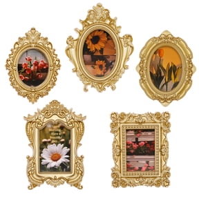Threns Mini Gold Magnetic Picture Frames for Refrigerator, 5 Small Vintage Photo Frames with Soft Magnet Backing, Victorian Style Decor for Kitchen Office Home