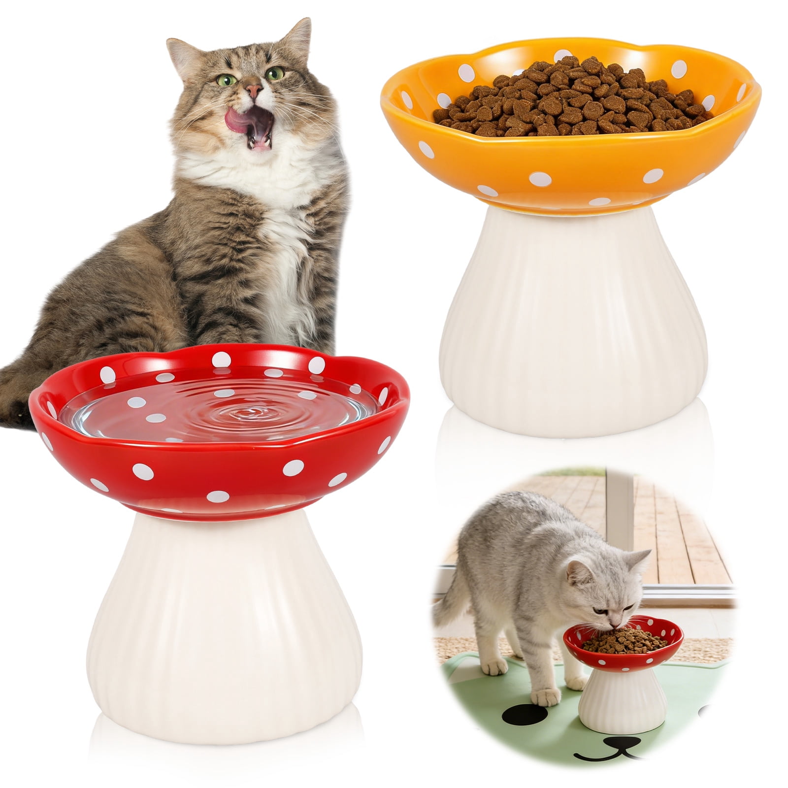 Threns Mushroom Cat Bowl,Whisker Fatigue Cat Bowl,Cute Cat Bowls,Elevated Cat Food Bowl, Lead & Cadmium Free Ceramic Cat Bowls for Food and Water,(Red+Yellow)