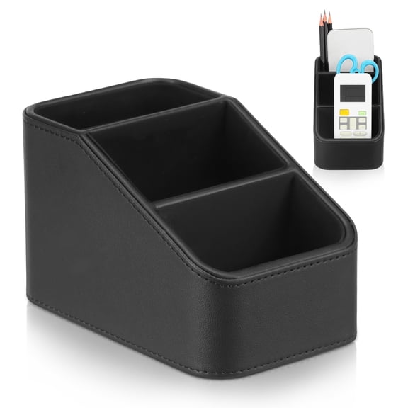 Threns PU Remote Control Holder Small Desk Organizer Office Supply Bedside Caddy for Nightstand End Table Remote Organizer with 3/4 Compartment (Black)