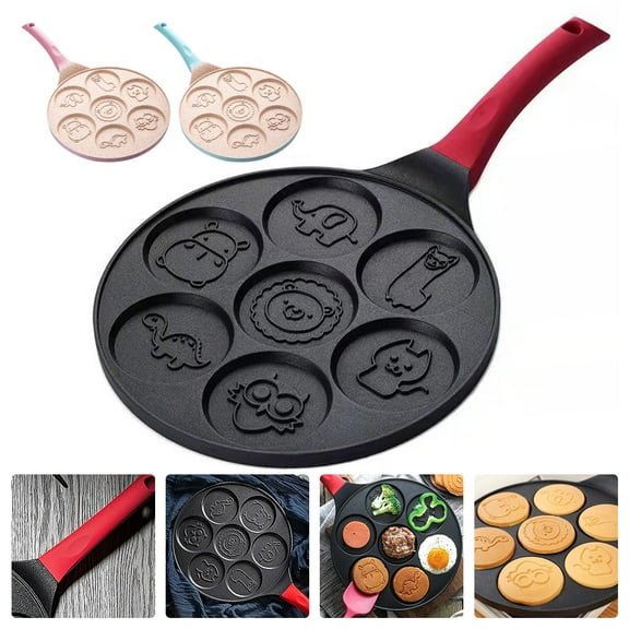 Threns Pancake Pan with Handle 7 Animal Molds Pancake Maker Pan for Kids Non-stick Stovetop Egg Frying Pan Cute Breakfast Griddle Pan