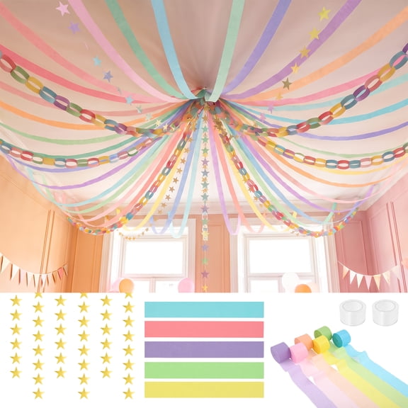 Threns Pastel Birthday Decorations Kit with Paper Chain Garland, Pastel Kit includes Crepe Streamers, Paper Chain Strips and Garland for Party Hanging Decor
