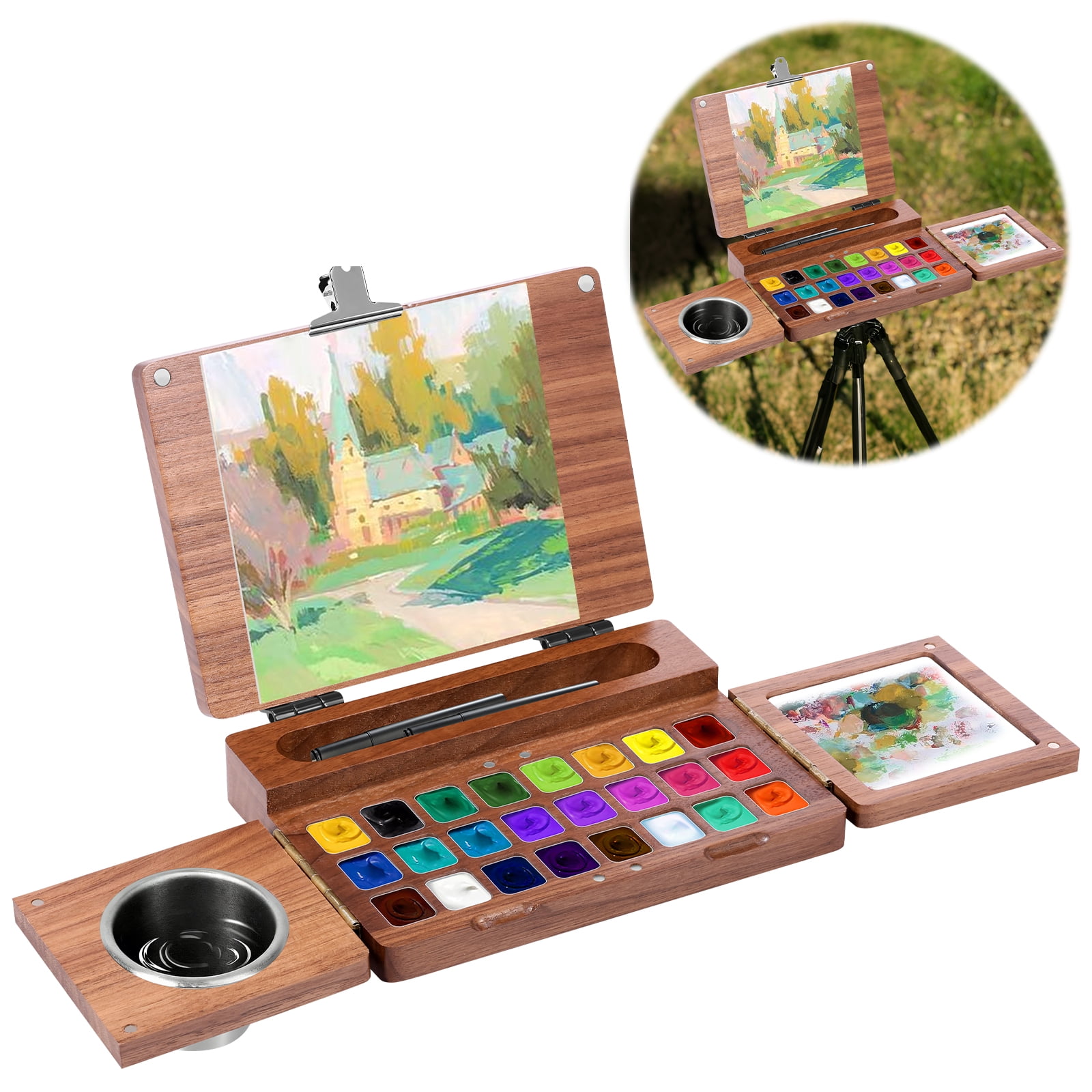 Threns Portable Travel Watercolor Paint Box – 24 Grids Wooden Foldable Watercolor Palette for Plein Air Painting - Designed for Travel Artist Painter