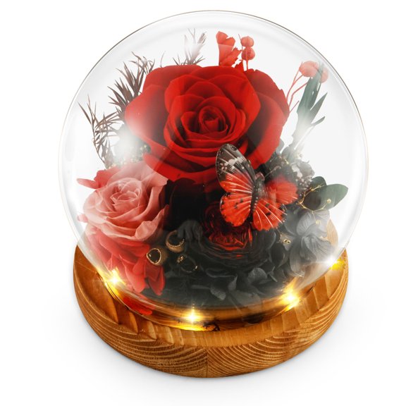 Threns Rose in Glass Present Exquisite Flowers in Glass Dome with LED Light Decorative Light Up Flowers in Glass Red Flowers Inside the Glass Dome for Birthday Mother's Day Anniversary