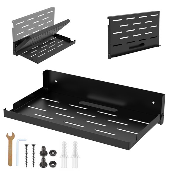 Threns Router Shelf Foldable Metal Floating Hanging Shelf with Cable Hole Heat Vents Space Saving Wall Mount Router Holder for Modem TV Box Smart Speaker