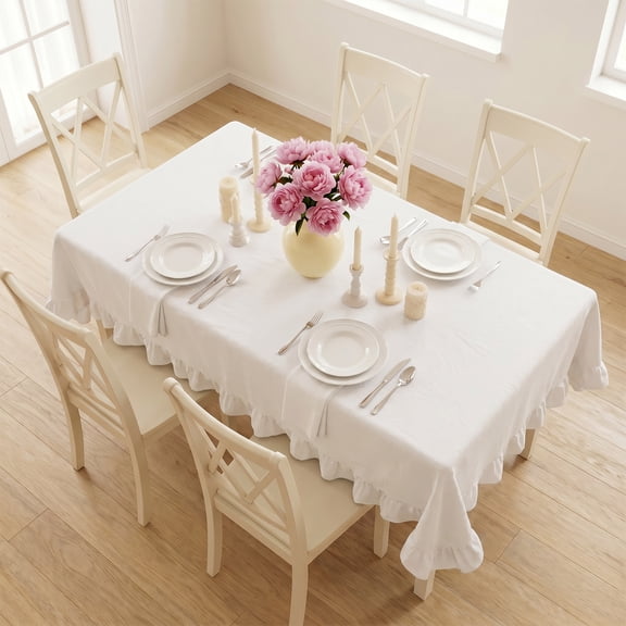 Threns Ruffle Tablecloth, White Satin Tablecloth, Cotton Rectangle Silky Table Cloth Table Cover, Scalloped Table Cloth for Kitchen Dining and Weddings, 52" x 70"