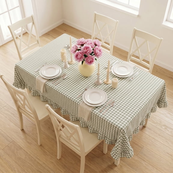 Threns Ruffle Tablecloth, White Satin Tablecloth, Cotton Rectangle Silky Table Cloth Table Cover, Scalloped Table Cloth for Kitchen Dining and Weddings, 52" x 70"