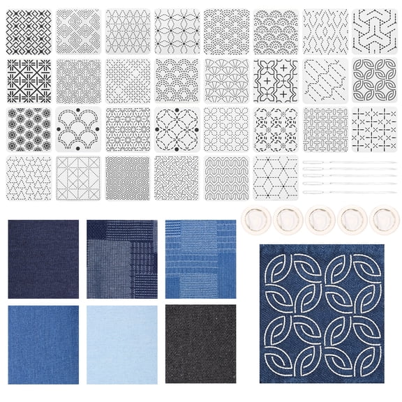 Threns Sashiko Stencil Kit, 30Pcs Sashiko Thread Kit with Fabric, Sashiko Needles, Embroidery Thread, Cotton Thimble, Sashiko Patterns Embroidery Projects for Sewing Hand Quilting Mending Supplies
