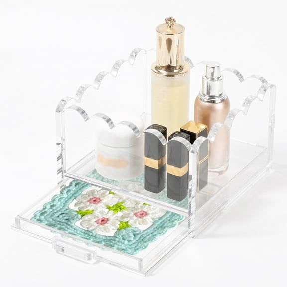 Threns Scalloped Acrylic Tray,4" x 4" Clear Acrylic Tray with Drawer,Square Display Tray for Photo Needlepoint Decor Acrylic Storage Tray