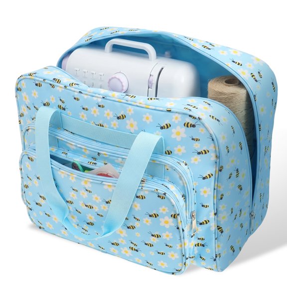 Threns Sewing Machine Carrying Case, Portable Sewing Machine Bag with Pocket and Luggage Sleeve, Heavy Duty Sewing Machine Tote Suitable for Standard Sewing Machines, Light Blue