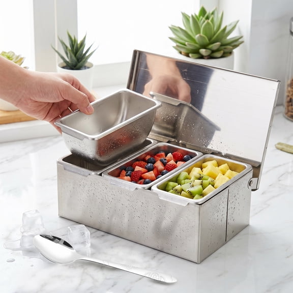 Threns Snackle Box Container with 3 Removable Stainless Steel Compartments Divided Serving Tray with Portable Handle for Beach, Road Trip, Picnic, Boat Days, Ball Games, Pool and Parties