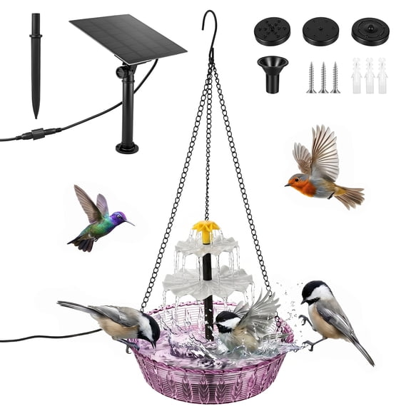 Threns Solar Cascade Hanging Bird Bath Fountain Easy to Maintain Hanging Bird Bath with Solar Pump for Outdoor Garden Decor and Hummingbird Attraction (Purple)