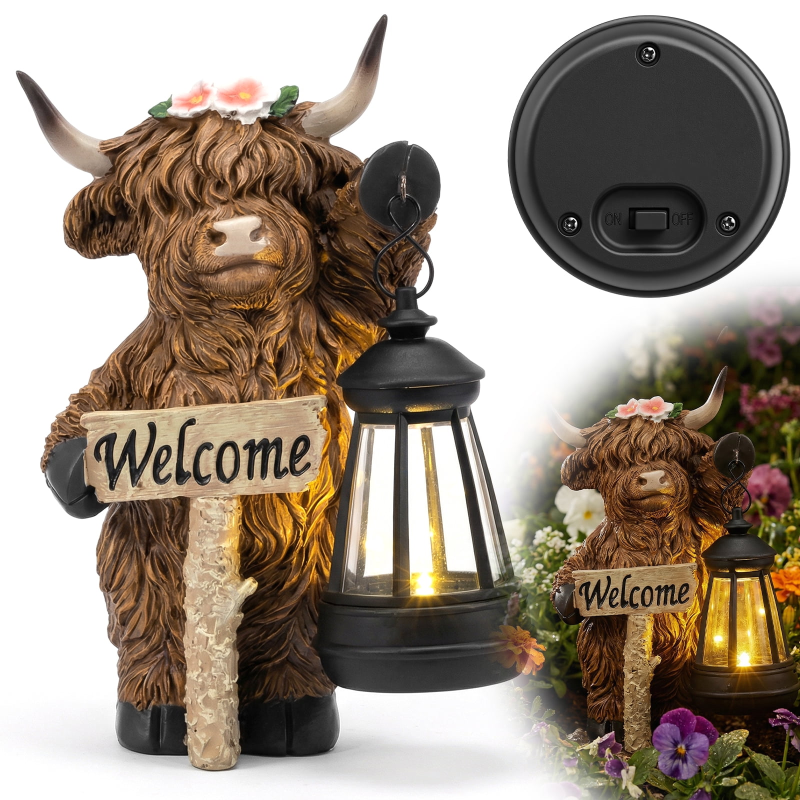 Threns Solar Highland Cow Garden Outdoor Statue,Highland Cow Figurines Sculpture with Light,Patio Balcony Yard for Pasture,Farm Theme Housewarming Gifts for Women Mom
