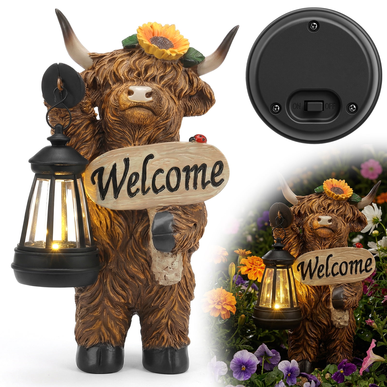 Threns Solar Highland Cow Garden Outdoor Statue,Highland Cow Figurines Sculpture with Light,Patio Balcony Yard for Pasture,Farm Theme Housewarming Gifts for Women Mom