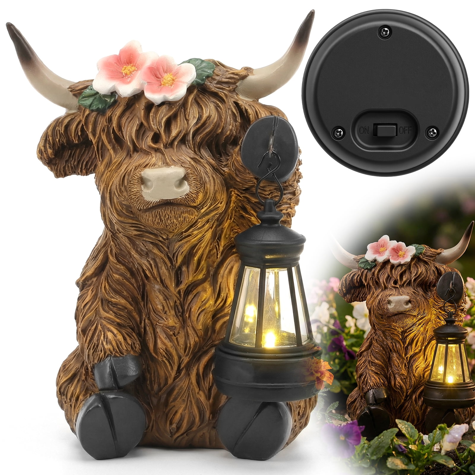 Threns Solar Highland Cow Garden Outdoor Statue,Highland Cow Figurines Sculpture with Light,Patio Balcony Yard for Pasture,Farm Theme Housewarming Gifts for Women Mom