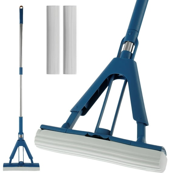 Threns Sponge Mop Absorbent Roller Foam Mop with 50.39inch Extendable Handle and 2 Sponge Heads Self Wringing Mop Adjustable Cleaning Wet Mop for Hardwood Tile Kitchen Bathroom