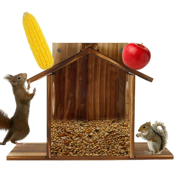 Threns Squirrel Feeder Wooden Squirrel Feeder House Large Capacity Squirrel Feeding Stations Easy to Fill Chipmunk Feeding Station for Corn Peanuts Outside 32.5x12.5x21cm
