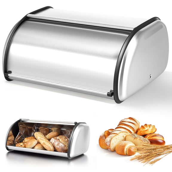 Threns Stainless Steel Roll Top Bread Box for Kitchen Countertop with Lid - Fits Multiple Large Loaves of Bread and Other Freshly Baked Goods Including Cookies, Bagels, Muffins