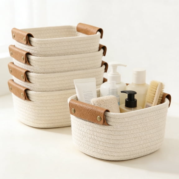 Keyohome Storage Basket Set of 5 - Sturdy Cotton Rope Baskets for Shelves Are Perfect for Organizing Your Home - Quality Storage Bins Easily Fit with Nursery Bedroom Decor