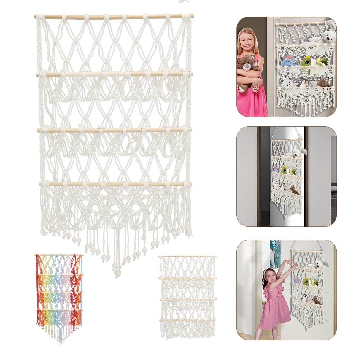 3-tier wall hanging plush toy storage net with tassels