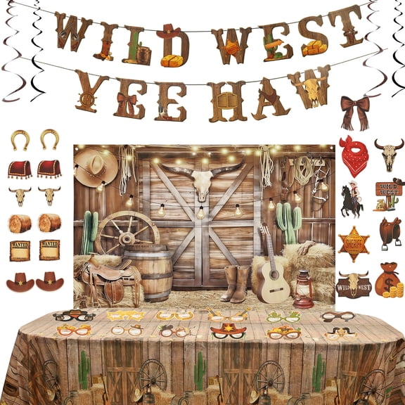 Threns Western Party Decorations, Wild West Cowboy Party Decor Supplies for Boys - Backdrop, Banner, Tablecloths, Centerpieces, Stickers, Wall Signs
