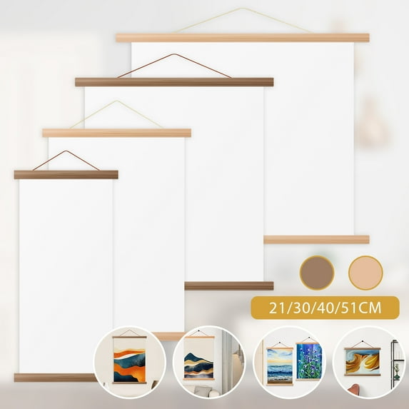 Threns Wood Poster Frame 4Pcs Magnetic Poster Hanging Rod Simple Teak Wood Photo Hangers with Hanging Rope