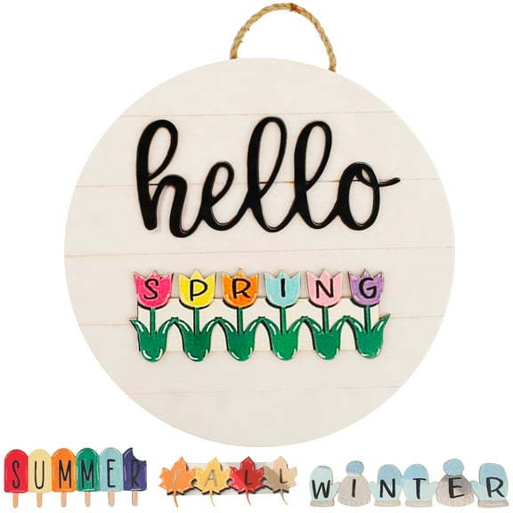 Threns Wooden Front Door Sign Hanging Welcome Door Sign Four Seasons Theme Home Decor for Front Door